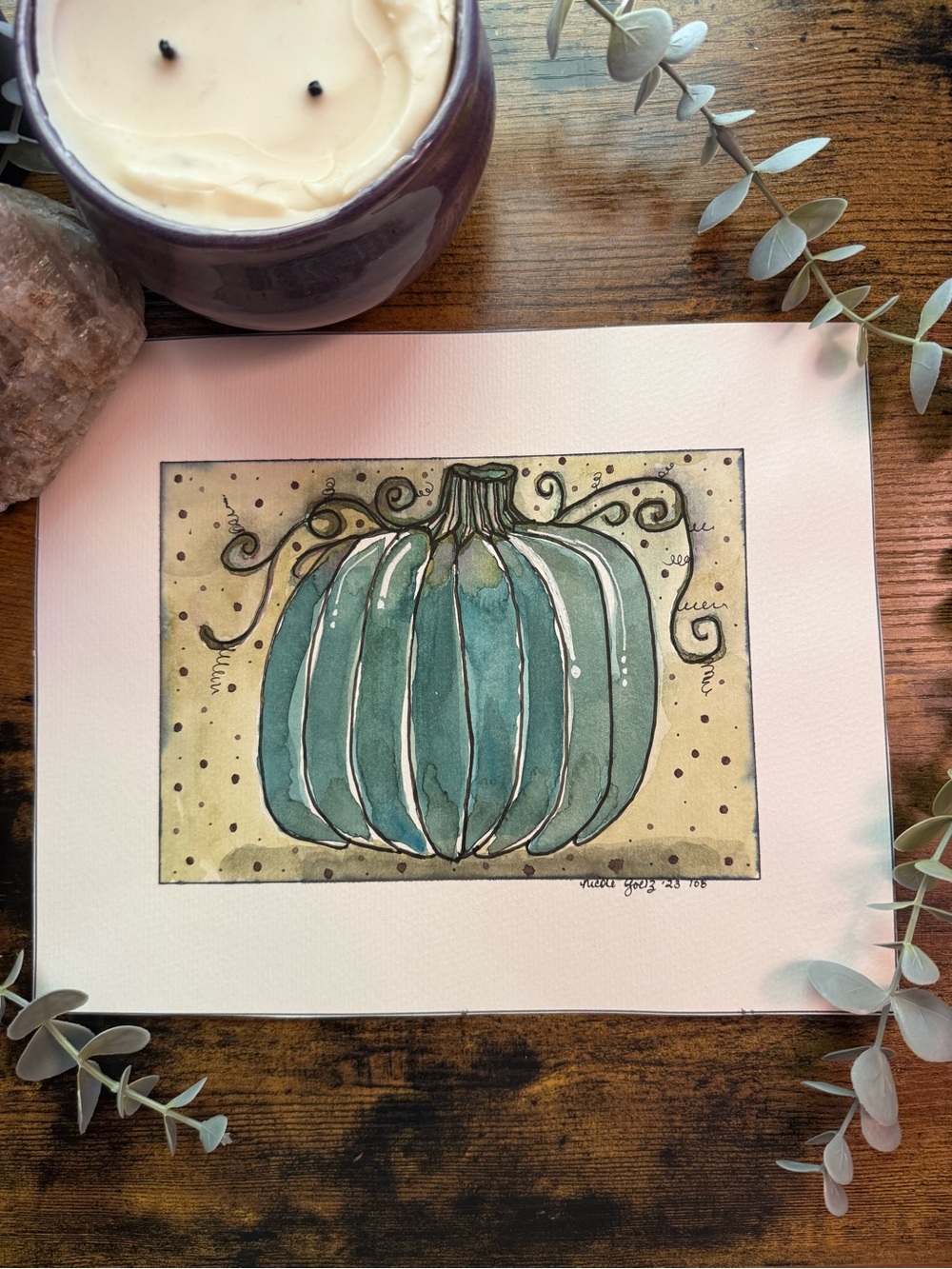 Twisted Harvest Original Teal Pumpkin Watercolor Painting 8x10